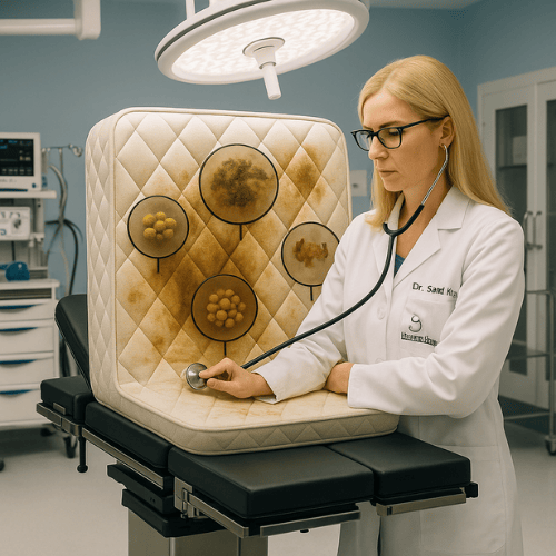 Doctor examining a contaminated mattress with a stethoscope, showing magnified areas of dust mites, mold, and bacteria.