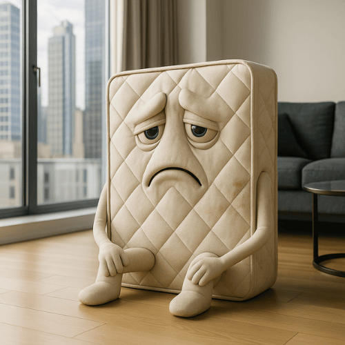 Sad mattress character with a message